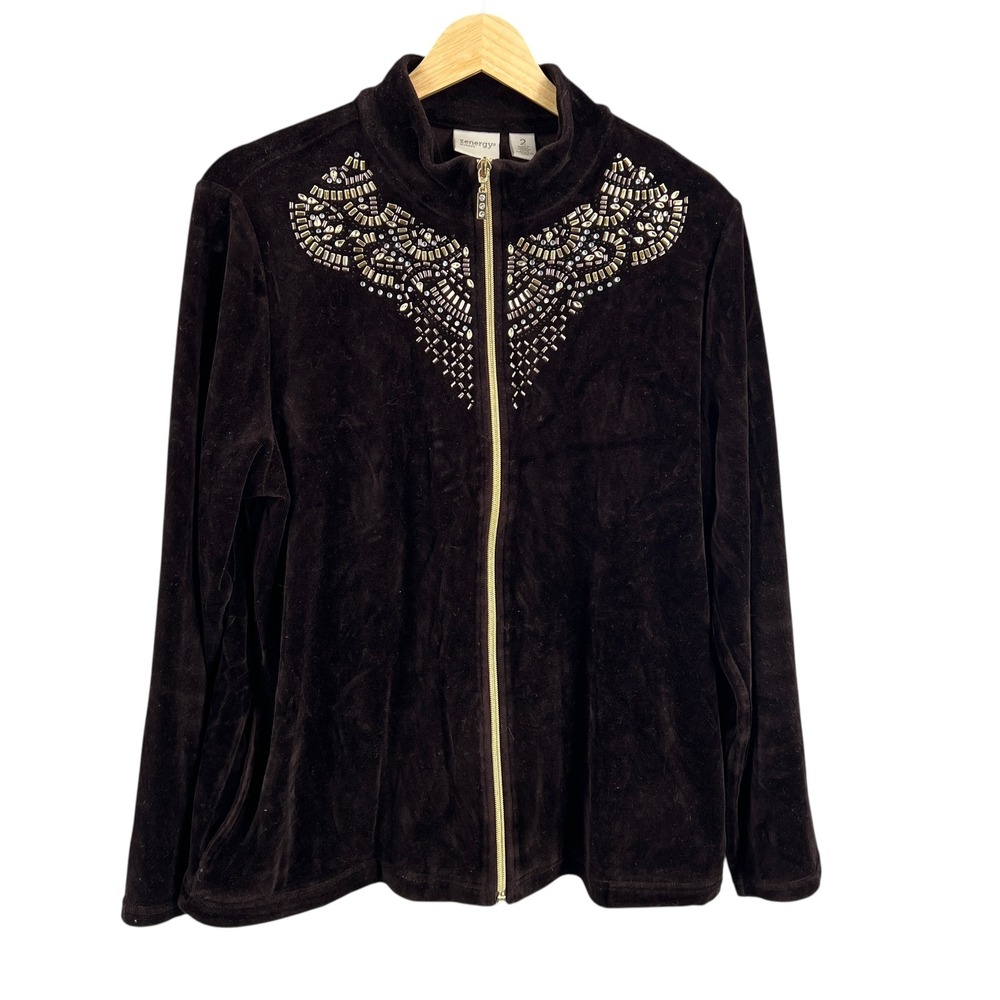 Chicos Zenergy Velour Jacket Embellished Beaded Full Zip Brown Size 2 / L‎